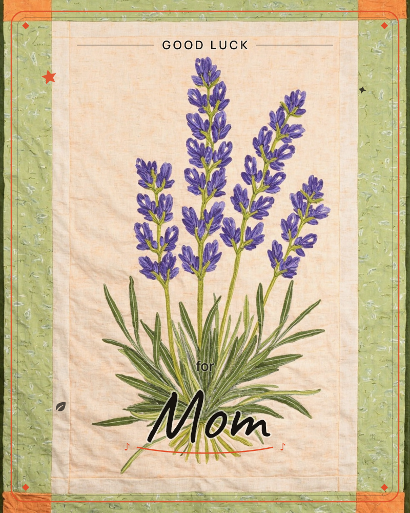A textile-style illustration of a lavender plant embroidered in purple and green thread, its narrow leaves fanning out from a single stem base on a…, a good luck e-card design