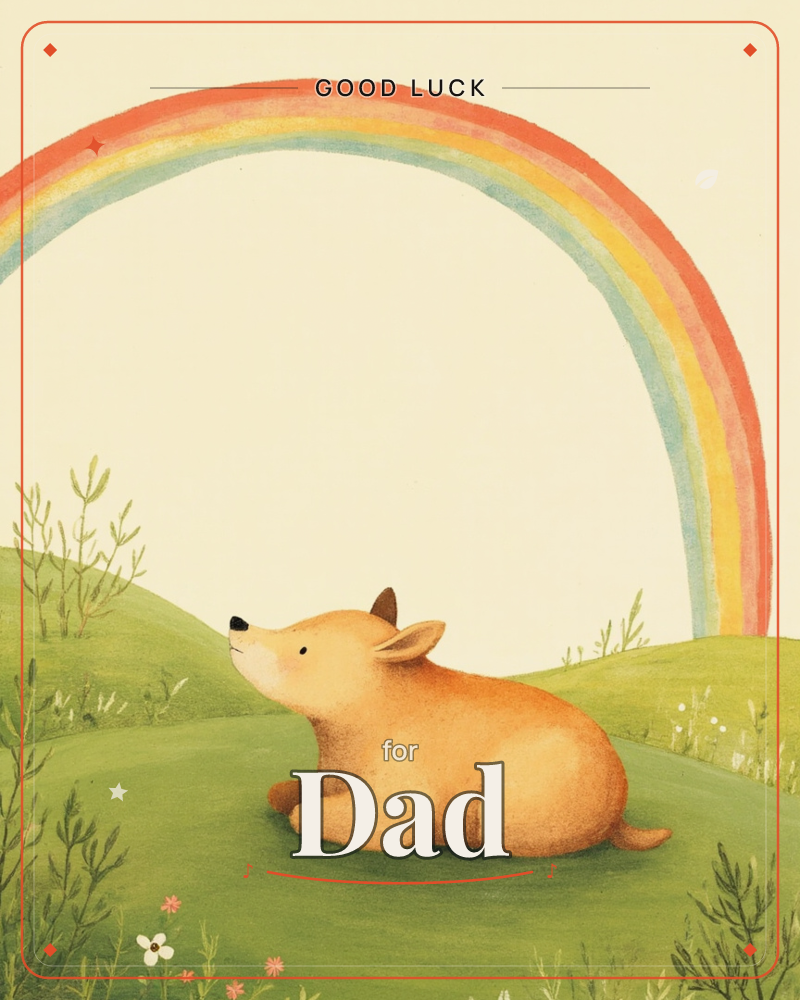 A small tan-coloured fox or pup lies curled on a rolling green hill, gazing up at a wide rainbow arching across a pale cream sky, a good luck e-card design