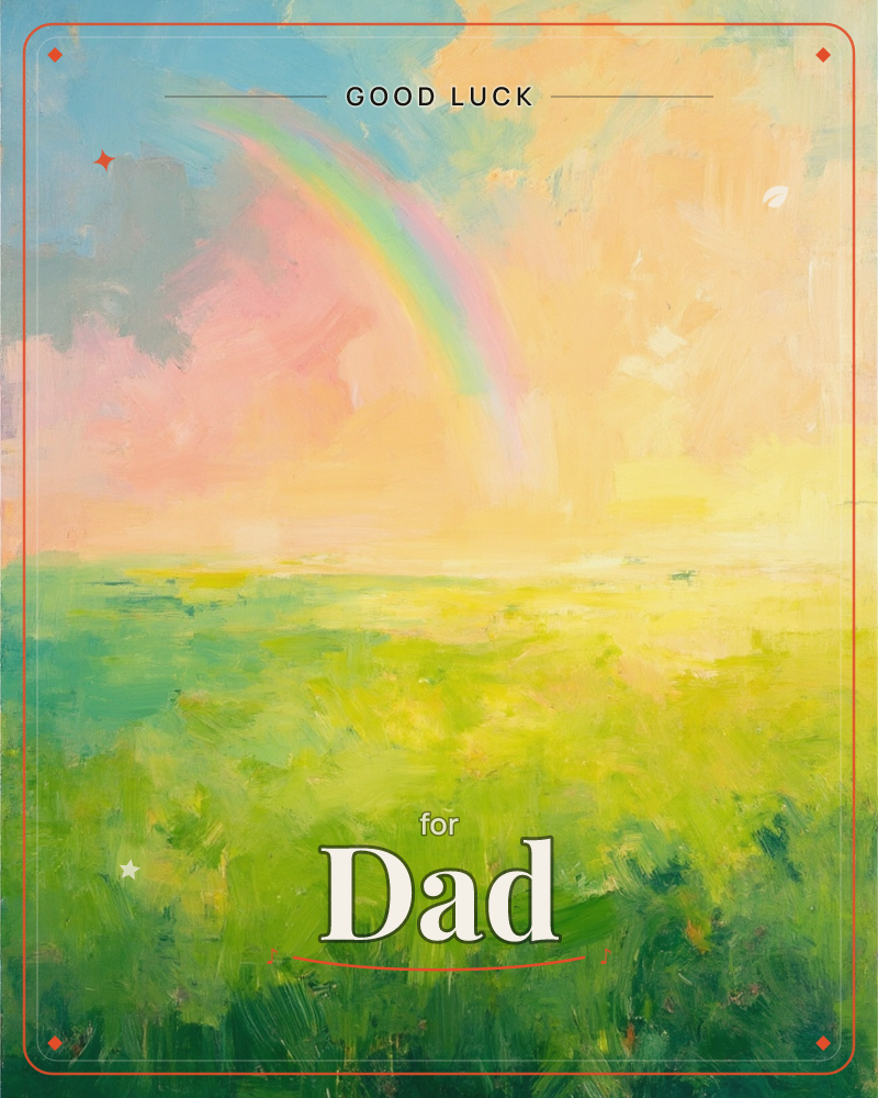 A soft rainbow arcs over a glowing meadow, its colours dissolving into a hazy sky of peach and blue, a good luck e-card design