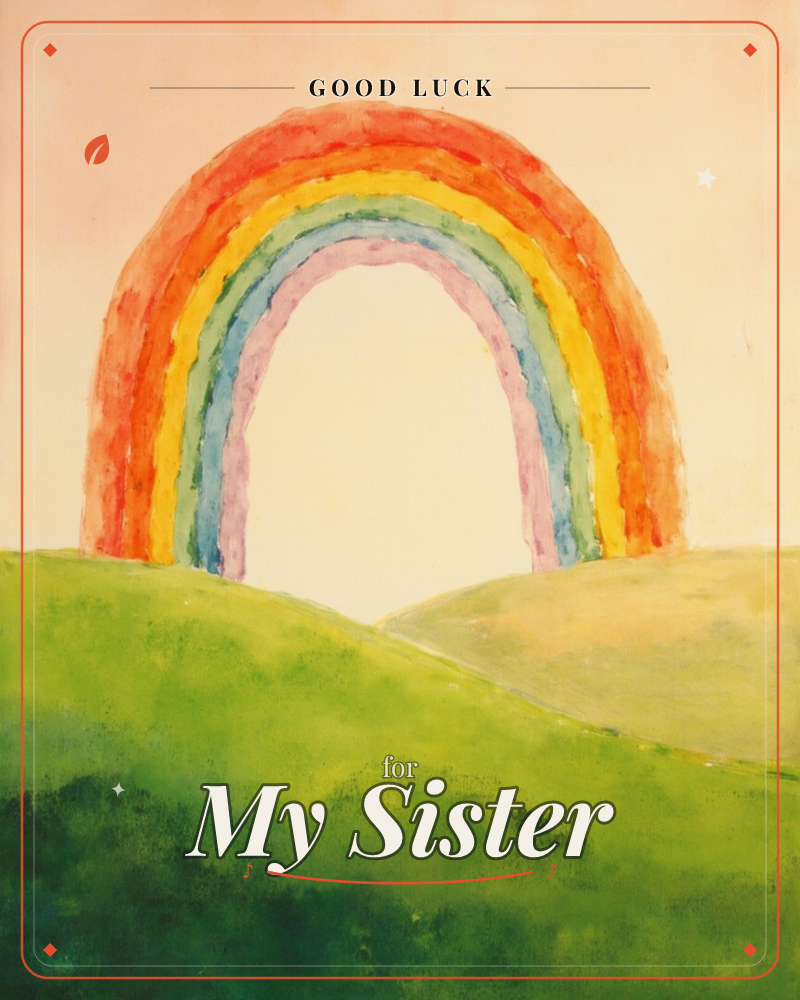 A wide watercolour rainbow arches over rolling green hills under a soft peach-tinted sky, a good luck e-card design