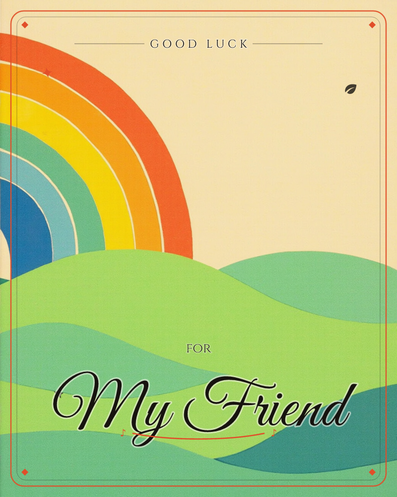 A bold rainbow arcs up from a fold of rolling green hills, set against a warm cream sky, a good luck e-card design