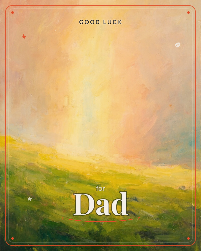 A loosely painted hillside glows under a burst of light breaking through a pink and peach sky, with a soft column of yellow-white radiance falling onto…, a good luck e-card design