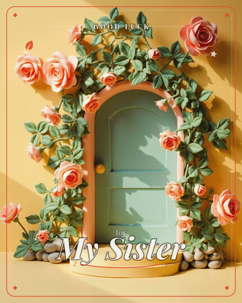 A small arched door in soft mint green sits recessed into a sunny yellow wall, its frame wound with climbing pink roses and glossy green leaves, a good luck e-card design