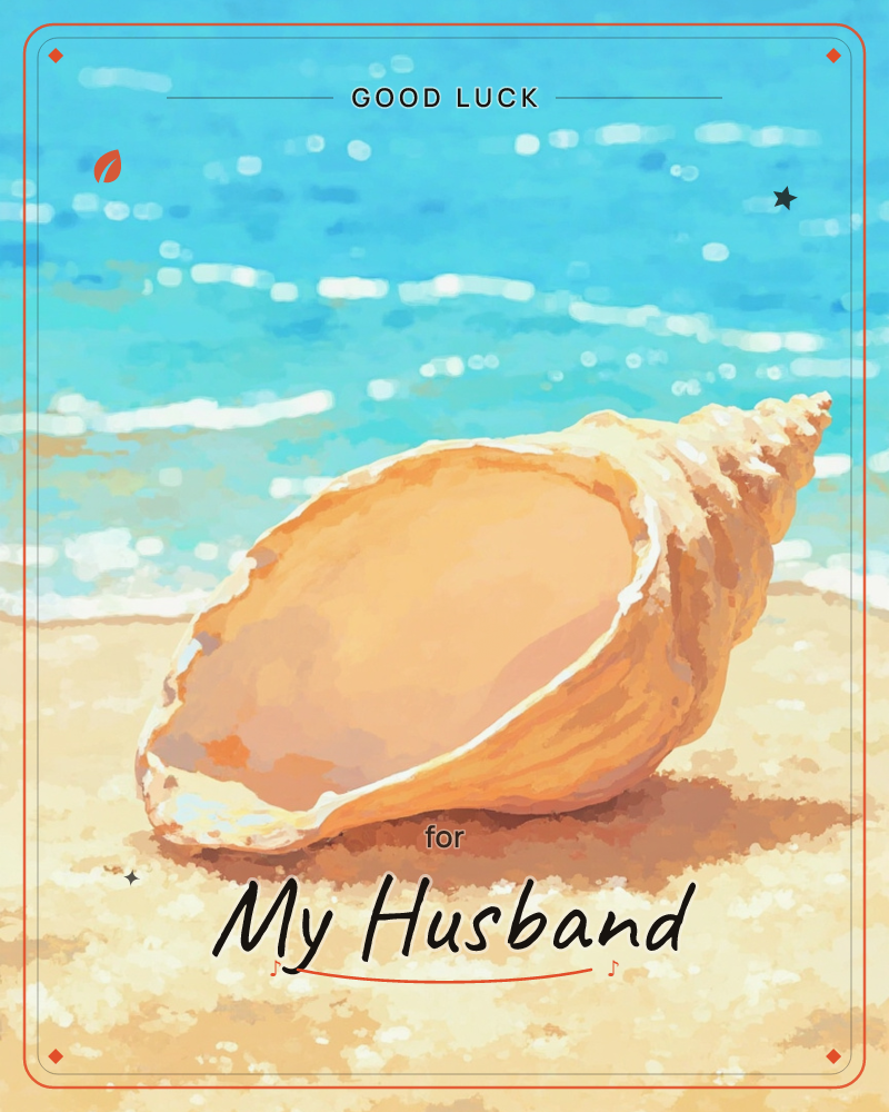 A large conch shell rests on pale sand with its glossy pink-orange interior facing outward, its spiralled point pointing toward a bright turquoise sea, a good luck e-card design