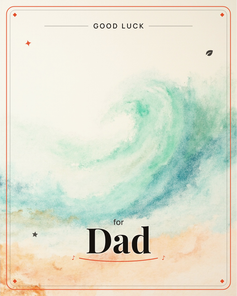 A single wave curls against a wash of cream, its crest painted in soft teal and jade with a pale foaming hollow at the centre, a good luck e-card design