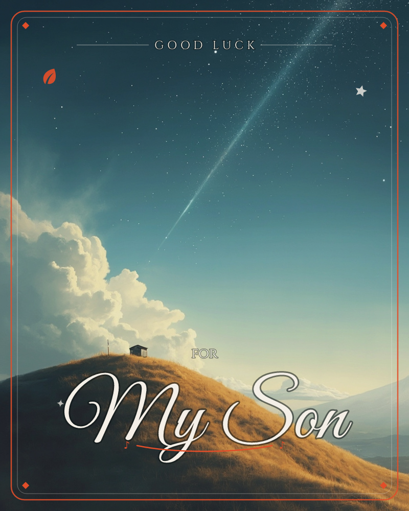 A lone small hut sits atop a golden grassy hill, dwarfed by a billowing white cloud beside it and a distant mountain range beyond, a good luck e-card design