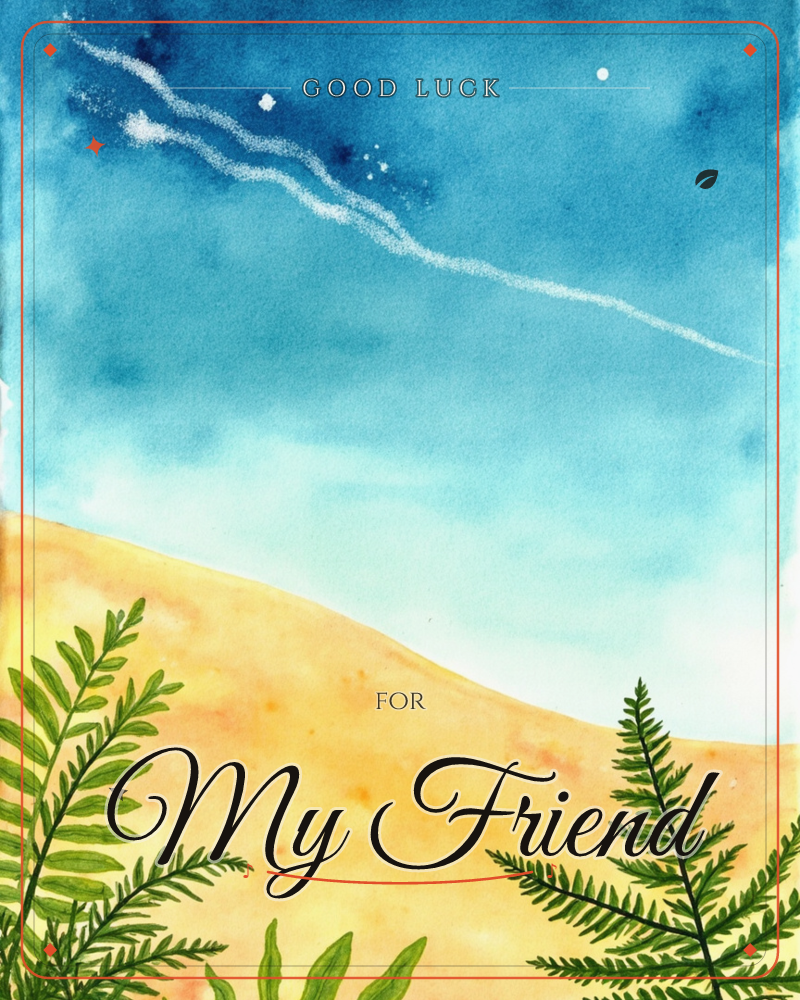 A soft golden dune curves beneath a deep blue evening sky, with a wispy trail of stars drifting across it like a comet's path, a good luck e-card design