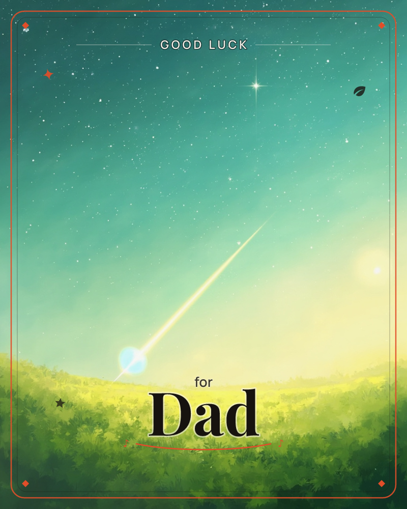 A shooting star streaks down from a starry teal sky and lands in a glowing burst just beyond a gentle grassy hill, a good luck e-card design