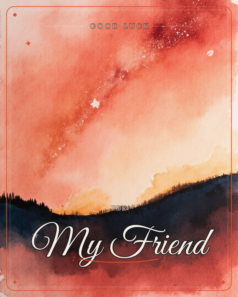 A watercolour night sky glows deep red and amber over a silhouetted ridge of hills and pine trees, with a diagonal band of stars and one bright…, a good luck e-card design