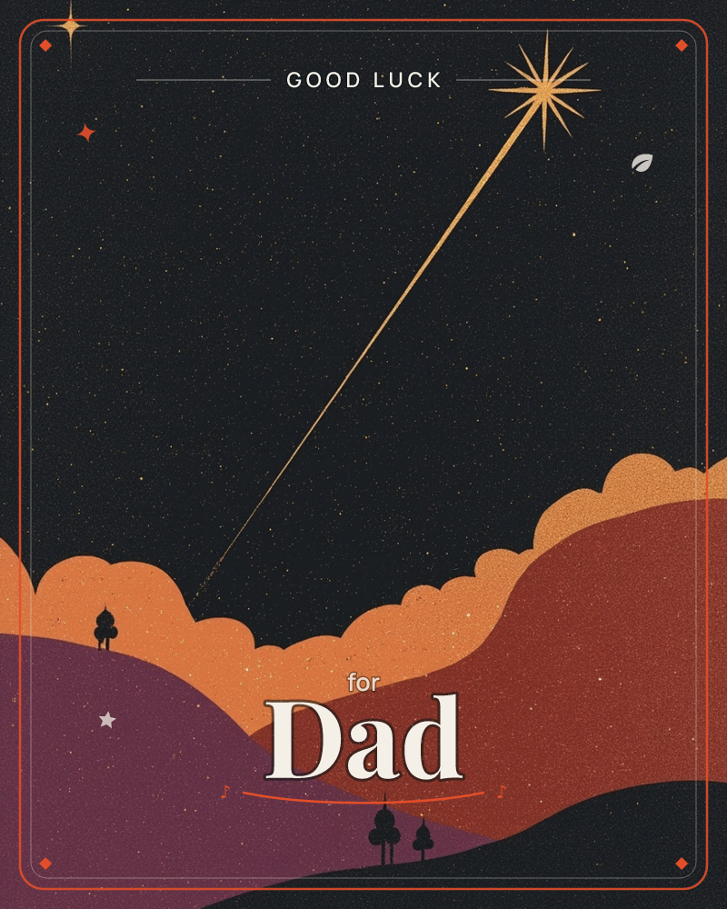 A night sky glows with scattered stars over rolling hills in warm purple, rust, and orange, while a single bright star beams a long golden ray down…, a good luck e-card design