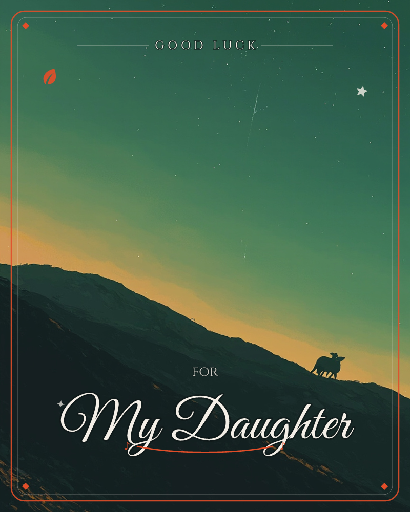 A lone sheep stands silhouetted on a mountain ridge beneath a twilight sky that fades from deep teal at the top to warm amber along the horizon, a good luck e-card design