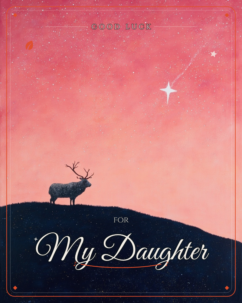 A lone antlered deer stands silhouetted on a dark hilltop beneath a glowing pink night sky scattered with stars, a good luck e-card design