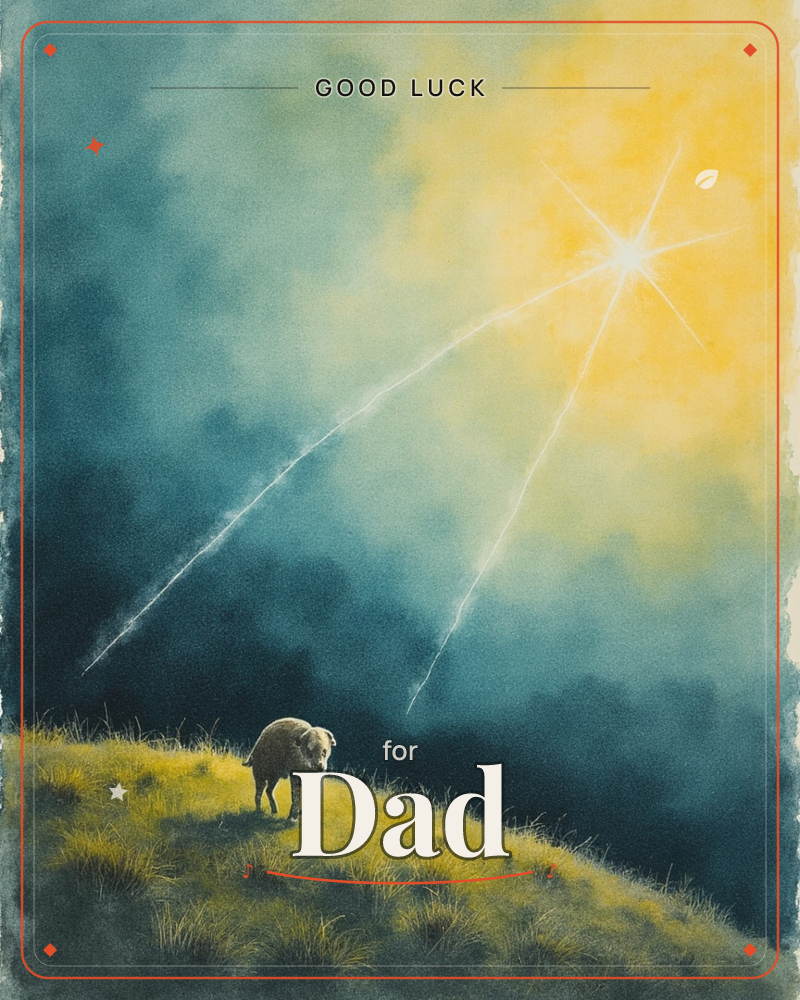 A lone sheep walks over a grassy hilltop beneath a moody teal sky, where two curved trails of light streak down from a brilliant golden starburst above, a good luck e-card design