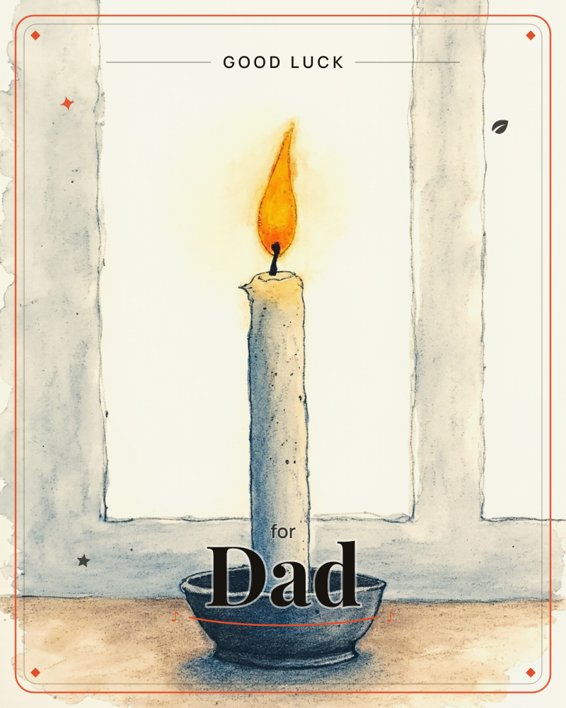 A single white candle burns steadily in a dark round dish, set on a windowsill with pale grey panes behind it, a good luck e-card design