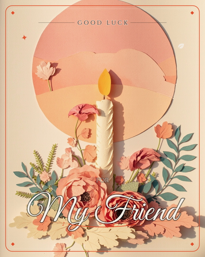 A layered paper-craft candle stands lit against a round sunset backdrop of blush and peach hills, its flame cut from bright yellow card, a good luck e-card design