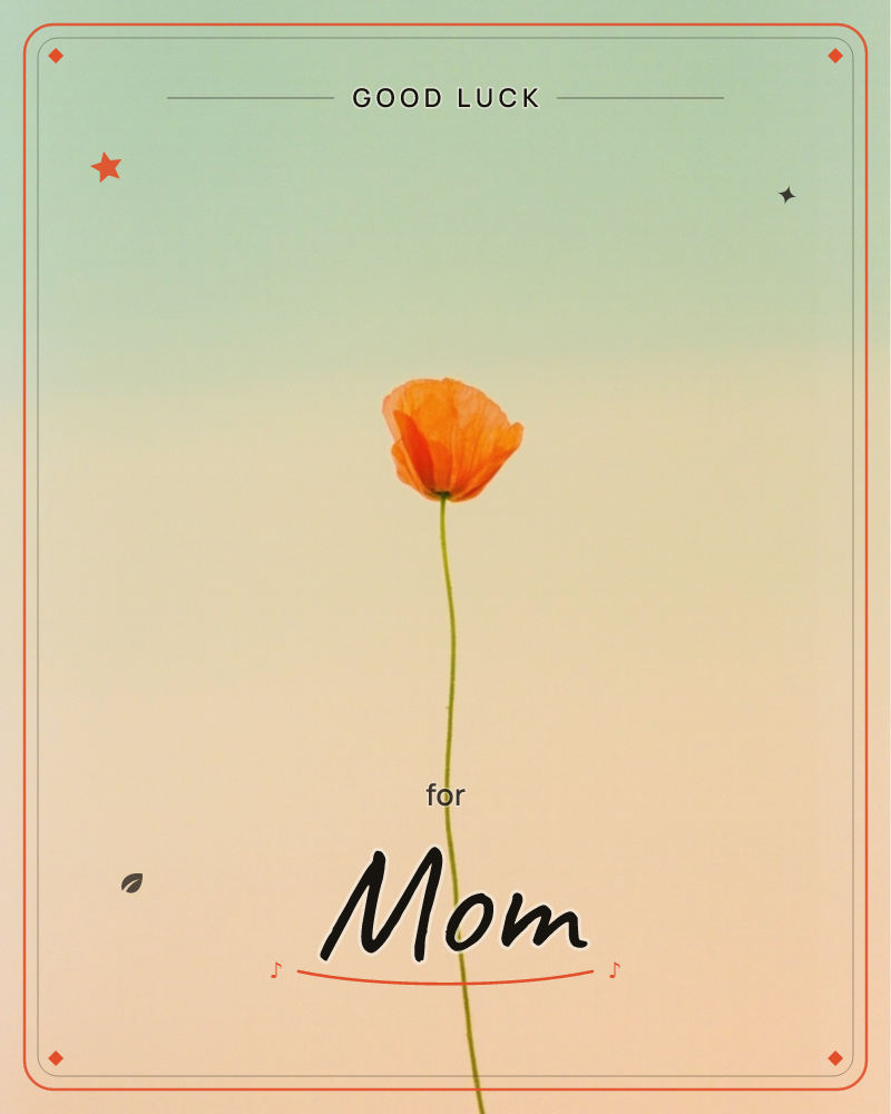 A single orange poppy stands alone on a long slender stem against a soft gradient sky that fades from muted sage green at the top into pale peach at…, a good luck e-card design