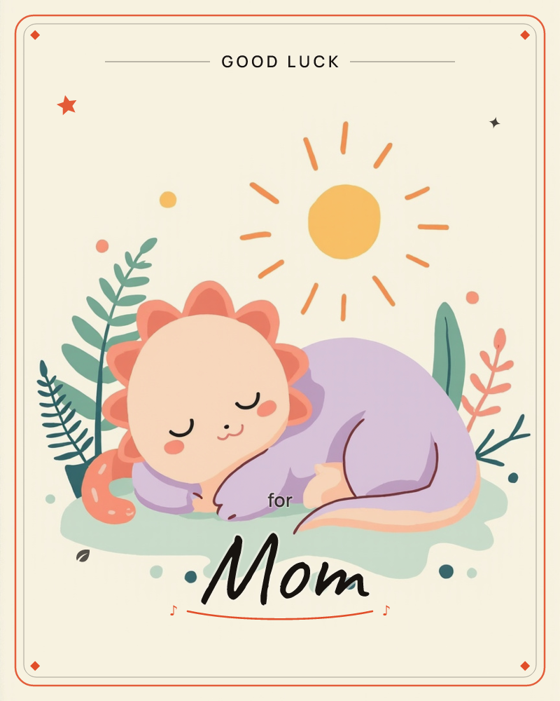 A round, purple dinosaur curls up asleep in a soft green patch, its coral spikes and rosy cheeks catching a cheerful sun overhead, a good luck e-card design