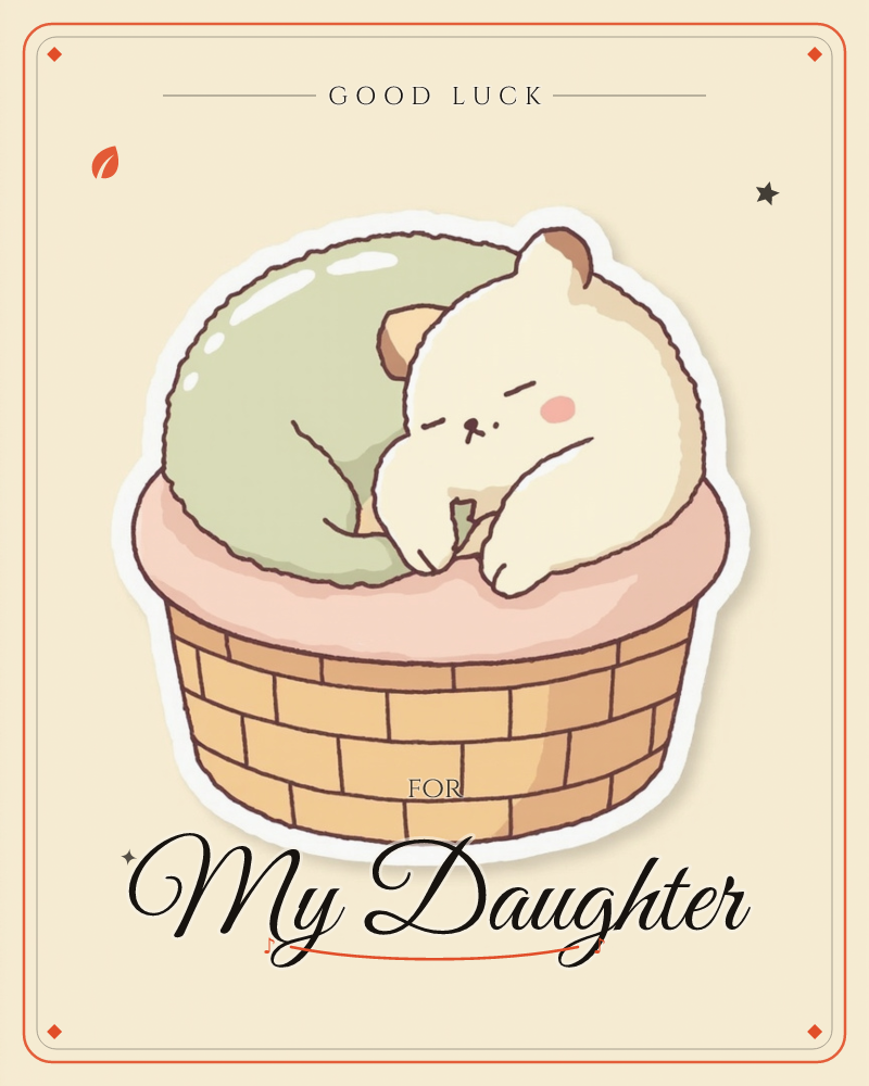 A round, sleepy cartoon bear naps curled up inside a woven basket lined with a soft green cushion, a good luck e-card design