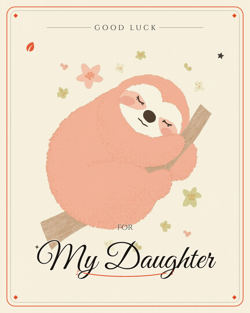 A round, sleepy coral-pink sloth hugs a brown branch, eyes closed with a content little smile, a good luck e-card design