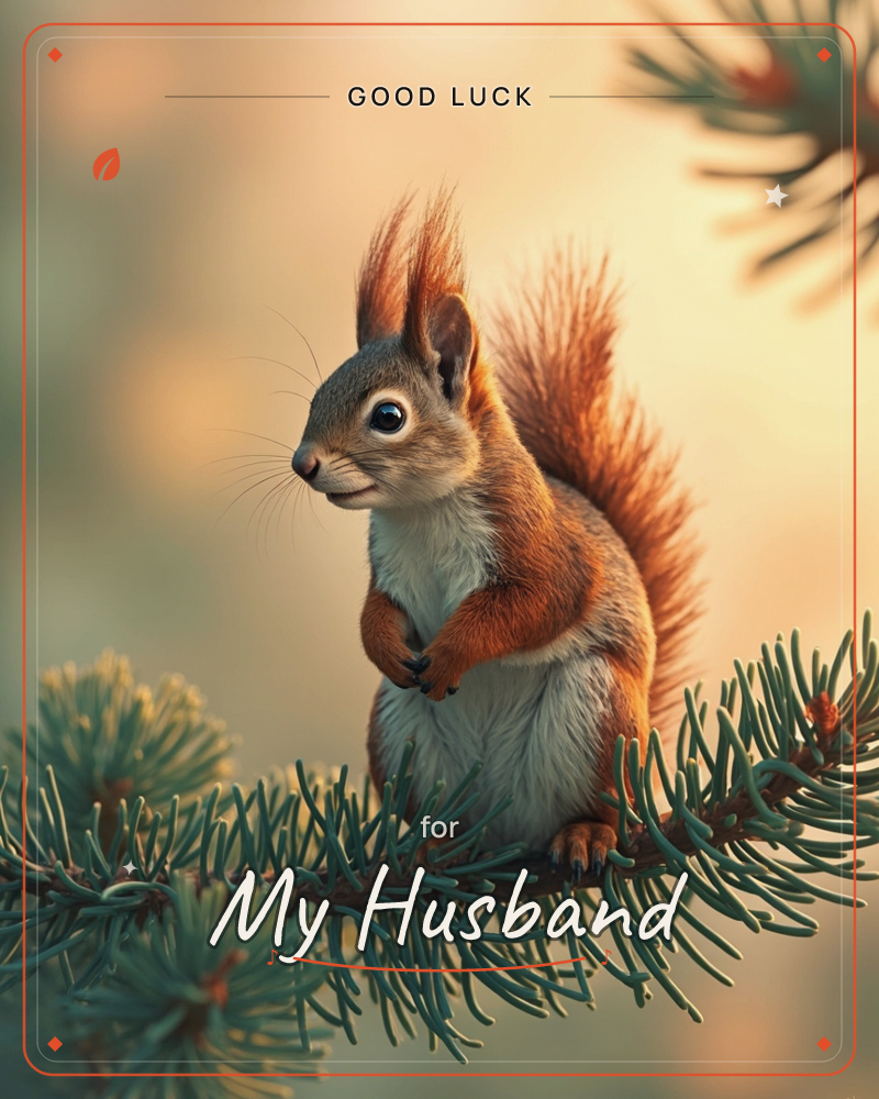A red squirrel perches on a pine branch, its bushy tail curled upward and paws folded neatly against its chest, a good luck e-card design
