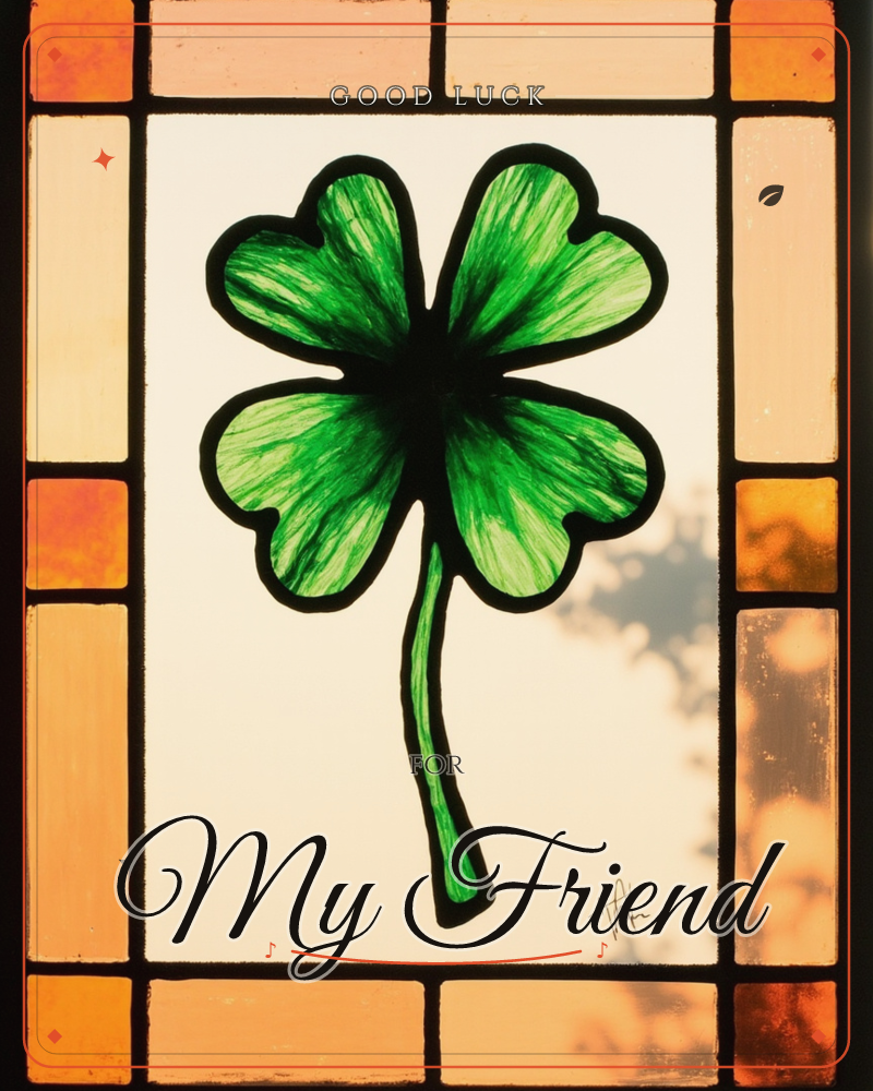A four-leaf clover with bold black outlines sits centred on a stained-glass panel, its curved stem trailing below, a good luck e-card design