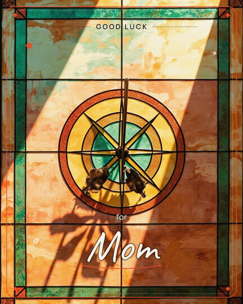 A stained-glass window glows amber and teal in raking sunlight, its central medallion patterned like a compass rose with a star of pointed rays, a good luck e-card design