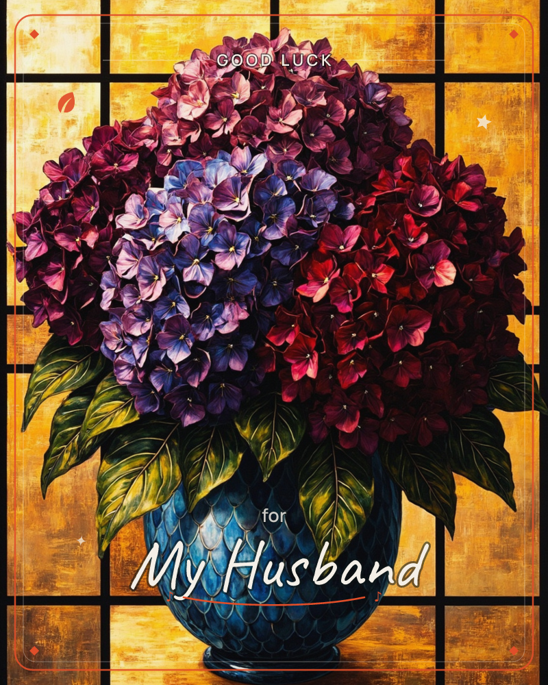 A stained-glass style painting shows a lush cluster of hydrangeas in deep purples, blues, and wine reds, gathered in a scaled teal-blue vase with green…, a good luck e-card design