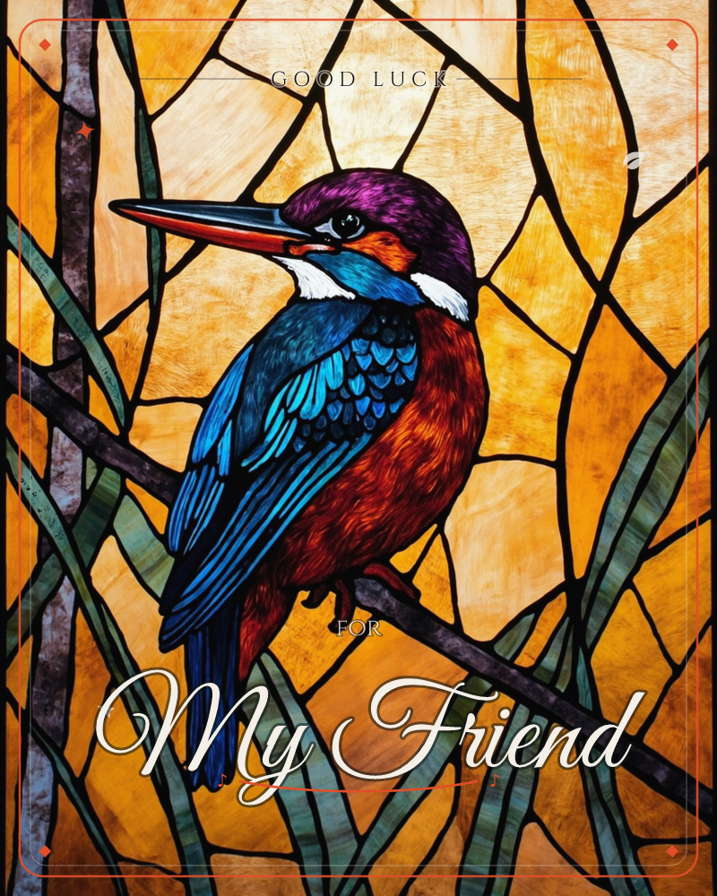 A kingfisher perches on a slender branch amid reeds, rendered as leaded stained glass with bold black seams dividing every feather and pane of amber light, a good luck e-card design