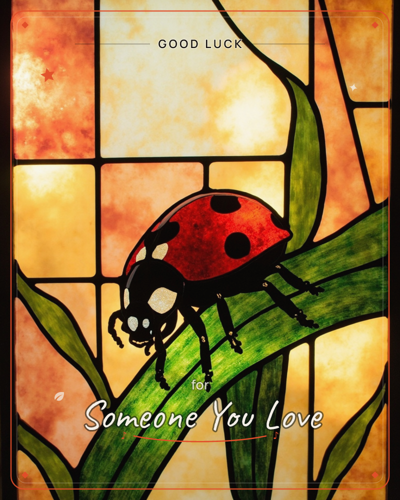A stained-glass style panel glows with warm amber and orange light behind a leaded grid of small square panes, a good luck e-card design