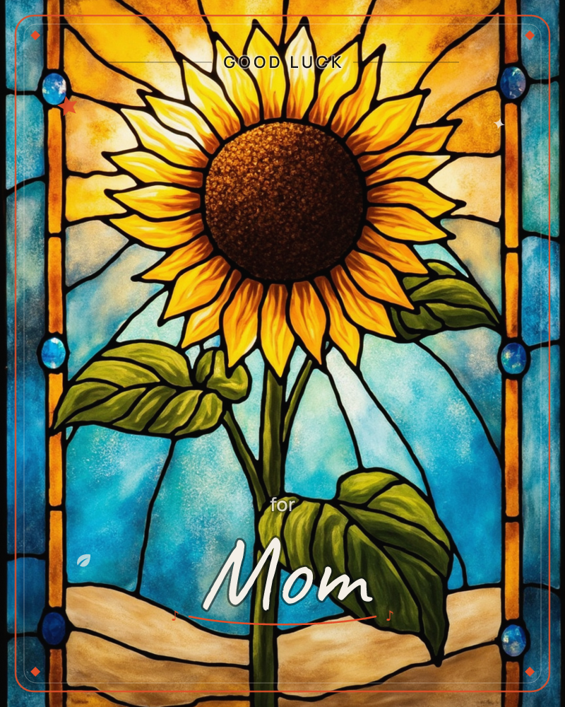 A single sunflower fills the frame like a stained-glass window, its dark seeded center ringed by layered golden petals against a panelled blue sky, a good luck e-card design