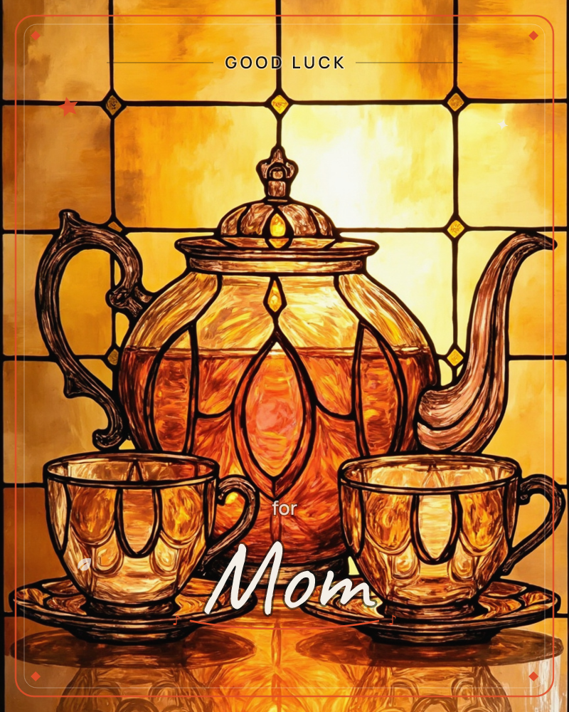 A stained-glass style teapot flanked by two matching cups and saucers glows in amber and gold against a leaded windowpane background, a good luck e-card design