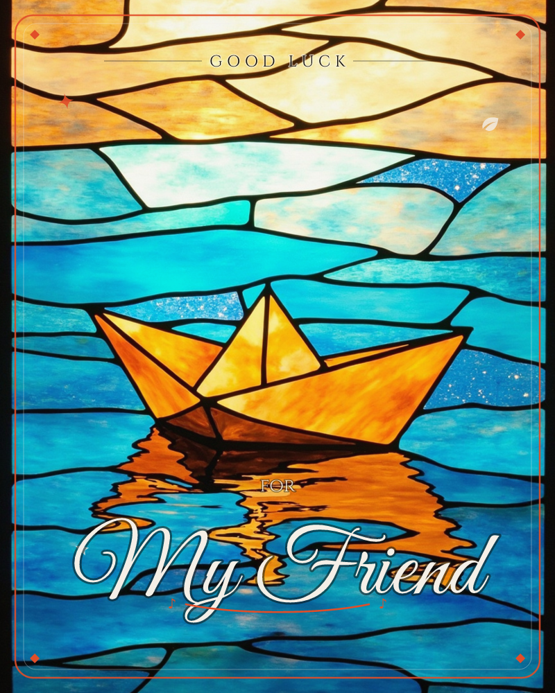 A stained-glass style illustration shows a golden paper boat floating on turquoise water beneath a glowing amber sky, its reflection shimmering in…, a good luck e-card design