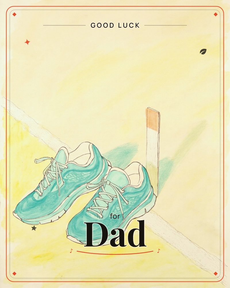 A pair of turquoise running shoes sits at the edge of a pale road marking, next to a tall wooden post that throws a soft green shadow across the yellow…, a good luck e-card design