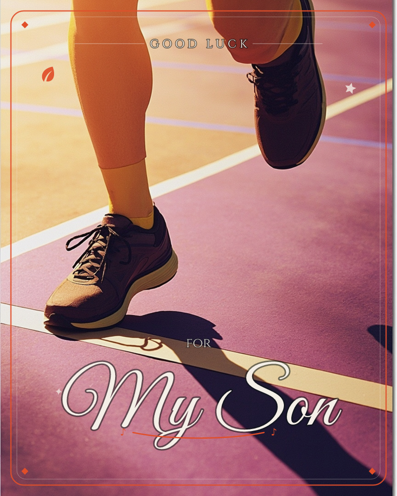 A close-up of a runner's legs and trainers striding across a purple-toned running track, caught mid-step with a long shadow stretching behind, a good luck e-card design