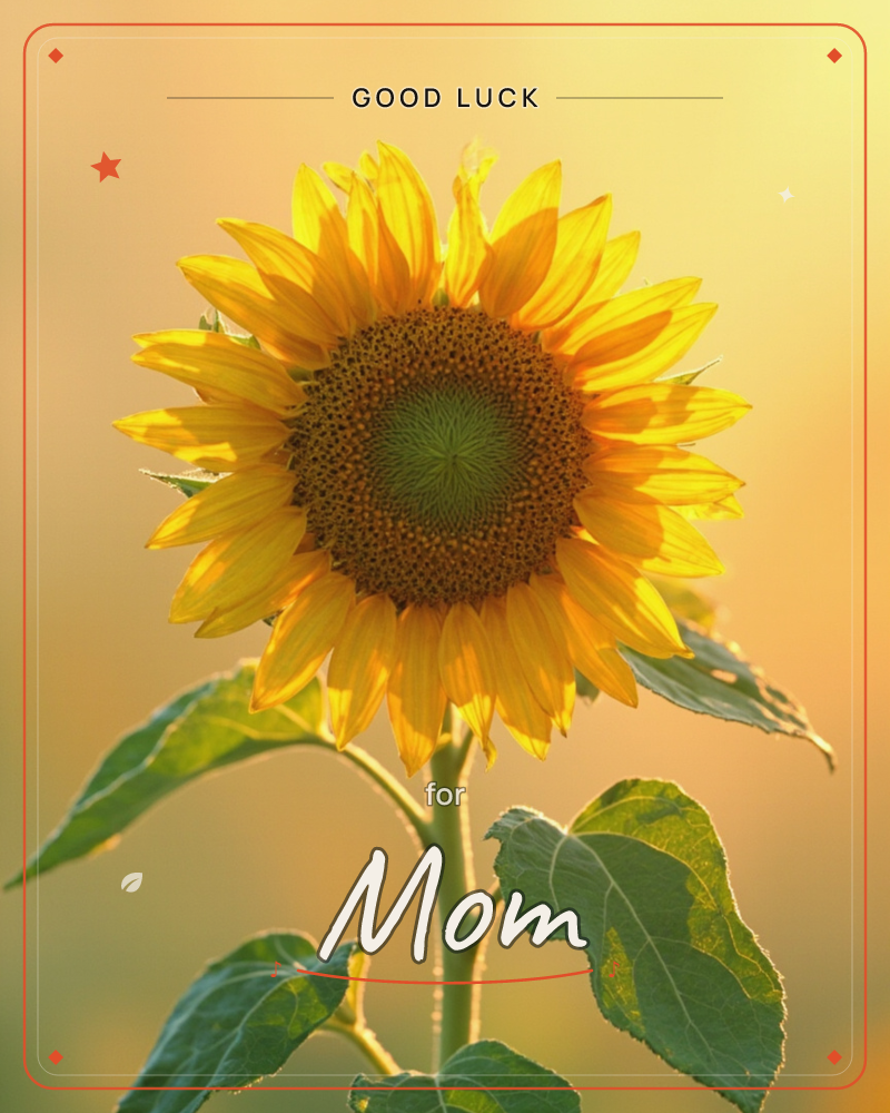 A single sunflower stands centre-frame, lit from behind by low golden sunlight that turns its petals nearly translucent, a good luck e-card design