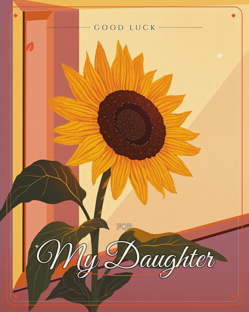 A single sunflower stands tall beside an open doorway, its broad petals catching a warm wash of late-afternoon light, a good luck e-card design