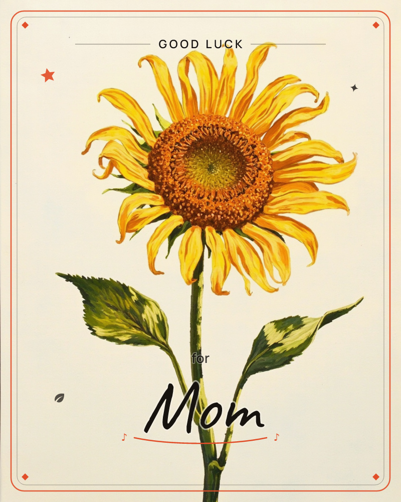 A single sunflower fills the page, its curling golden petals framing a deep brown seed-studded center, a good luck e-card design