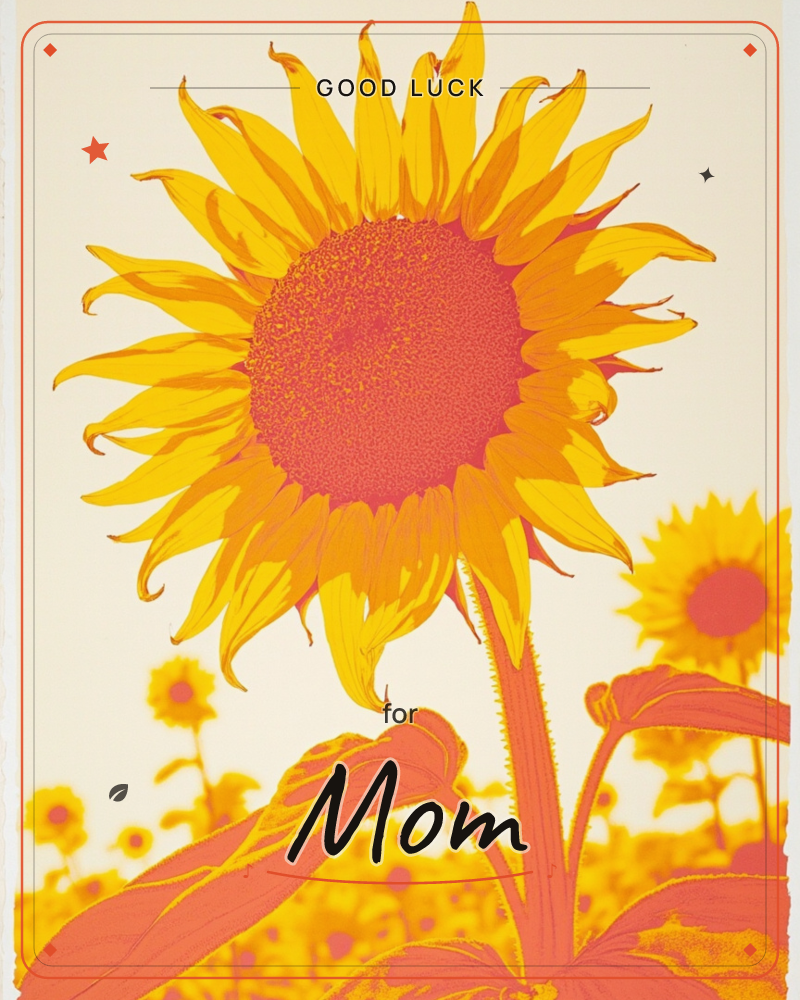 A single sunflower stands tall in sharp focus against a field of smaller blurred sunflowers, its curling yellow petals framing a deep orange-red centre, a good luck e-card design