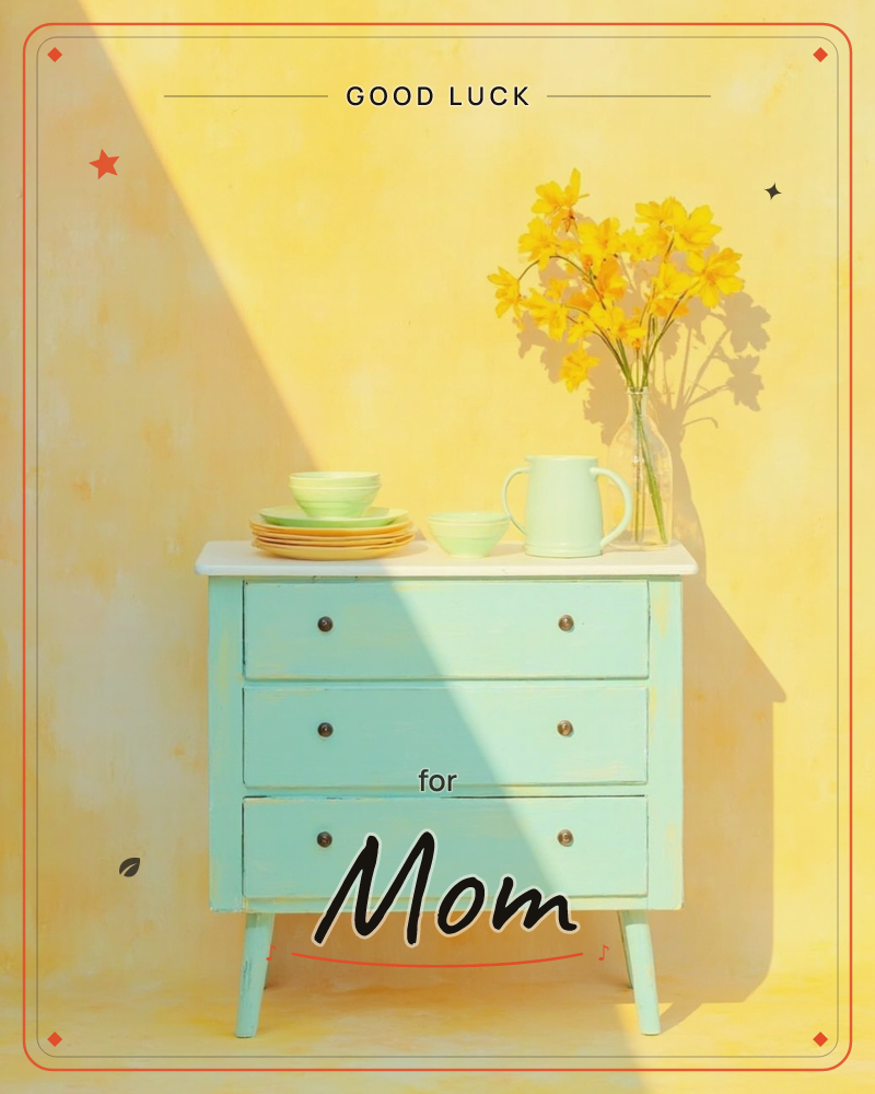 A mint-green painted dresser stands against a sunlit yellow wall, its marble-effect top holding stacked bowls, a plate, and a pale green jug, a good luck e-card design