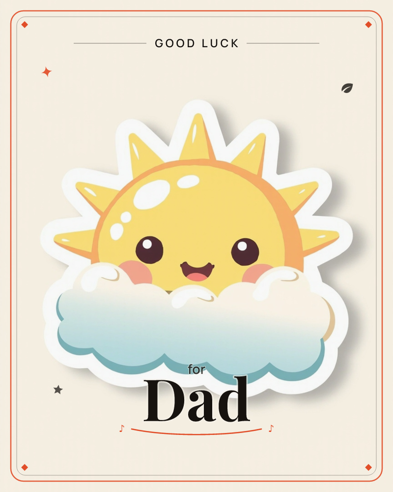 A cheerful cartoon sun with a happy blushing face peeks out from behind a fluffy blue-white cloud, rendered as a sticker with a bold white outline, a good luck e-card design