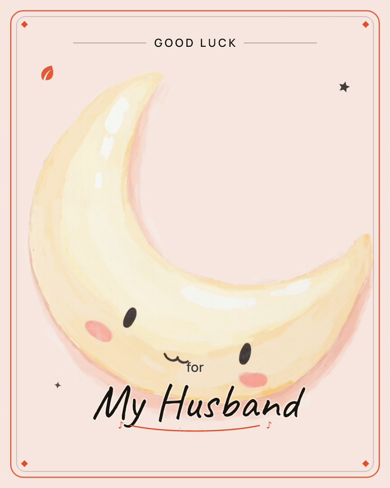 A plump crescent moon glows in soft buttery yellow against a pale blush pink background, its curved body catching two glossy highlights like…, a good luck e-card design