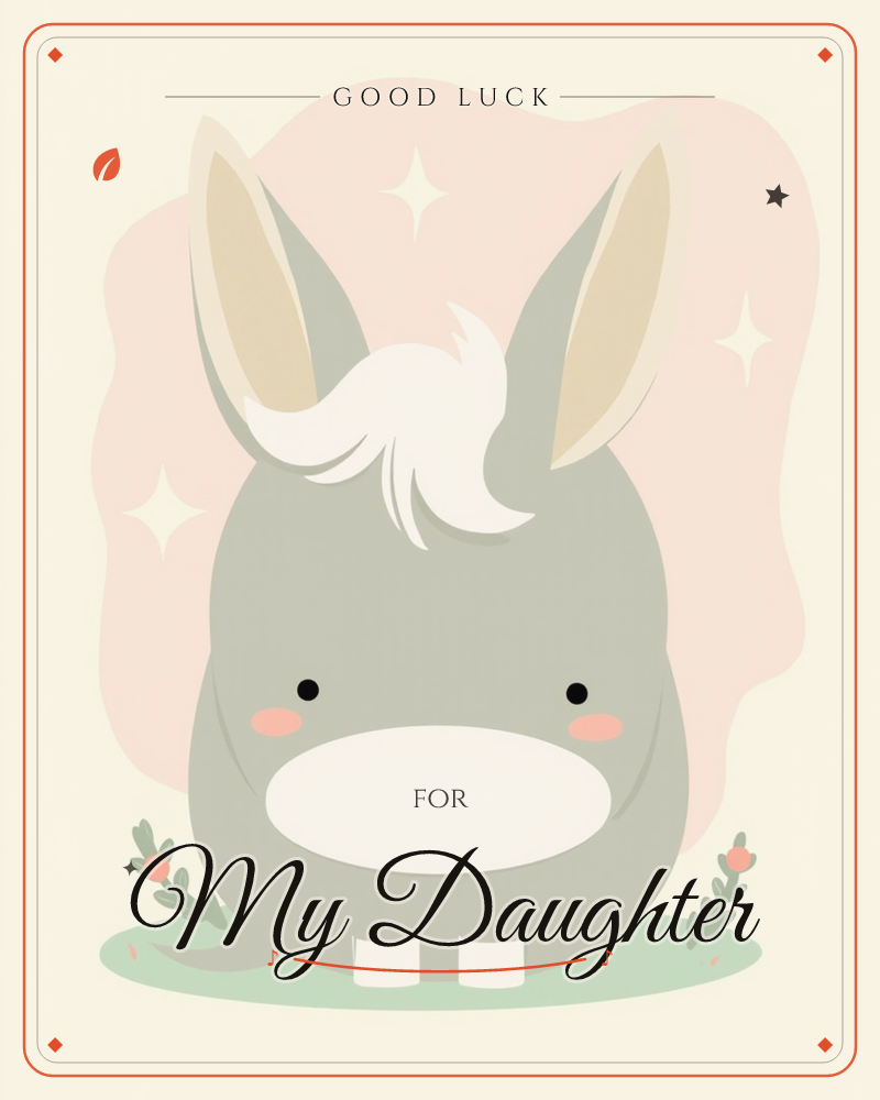 A round, sleepy-eyed grey bunny with tall tan-lined ears and a tuft of white fur fills the whole card, sitting on a patch of soft green grass with…, a good luck e-card design