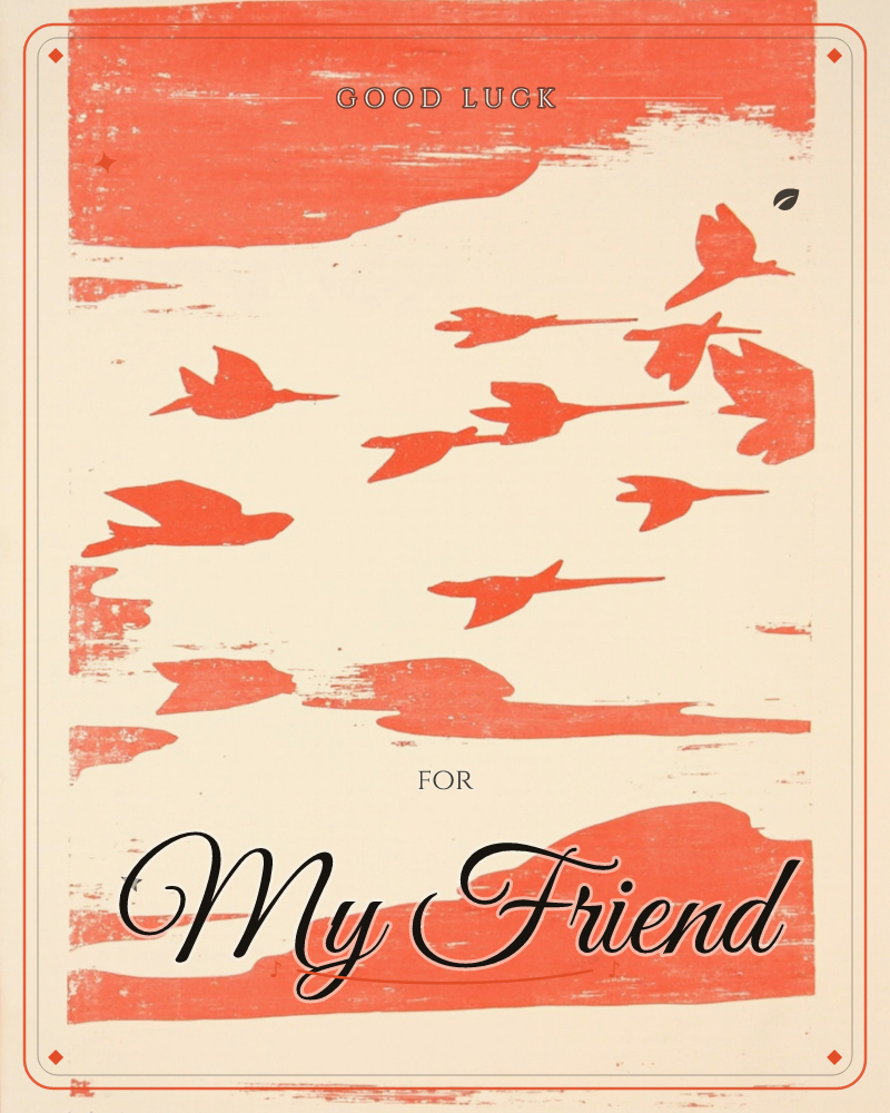 A flock of birds glides in loose formation across a cream sky, rendered as bold coral-red silhouettes with the rough, textured edges of a hand-pressed…, a good luck e-card design