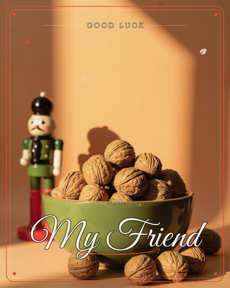 A small painted nutcracker figure in green and red stands beside a green ceramic bowl piled high with whole walnuts, a few having spilled onto the…, a good luck e-card design