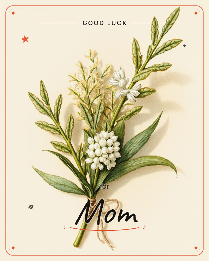 A small hand-tied bouquet of white and pale cream flowers rests against a soft ivory background, its stems bound together with a loose bit of twine, a good luck e-card design