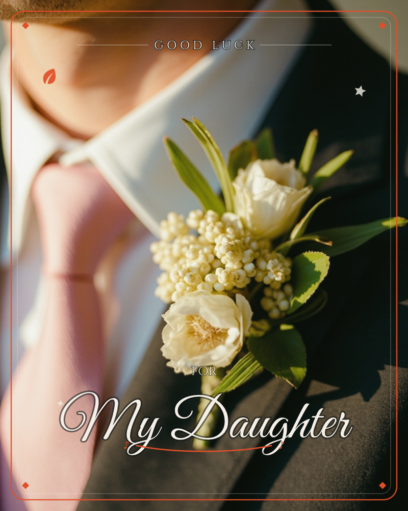 A close crop on a man's lapel shows a dusty pink tie against a crisp white collar and dark suit, with a boutonniere of cream roses, waxy berries, and…, a good luck e-card design