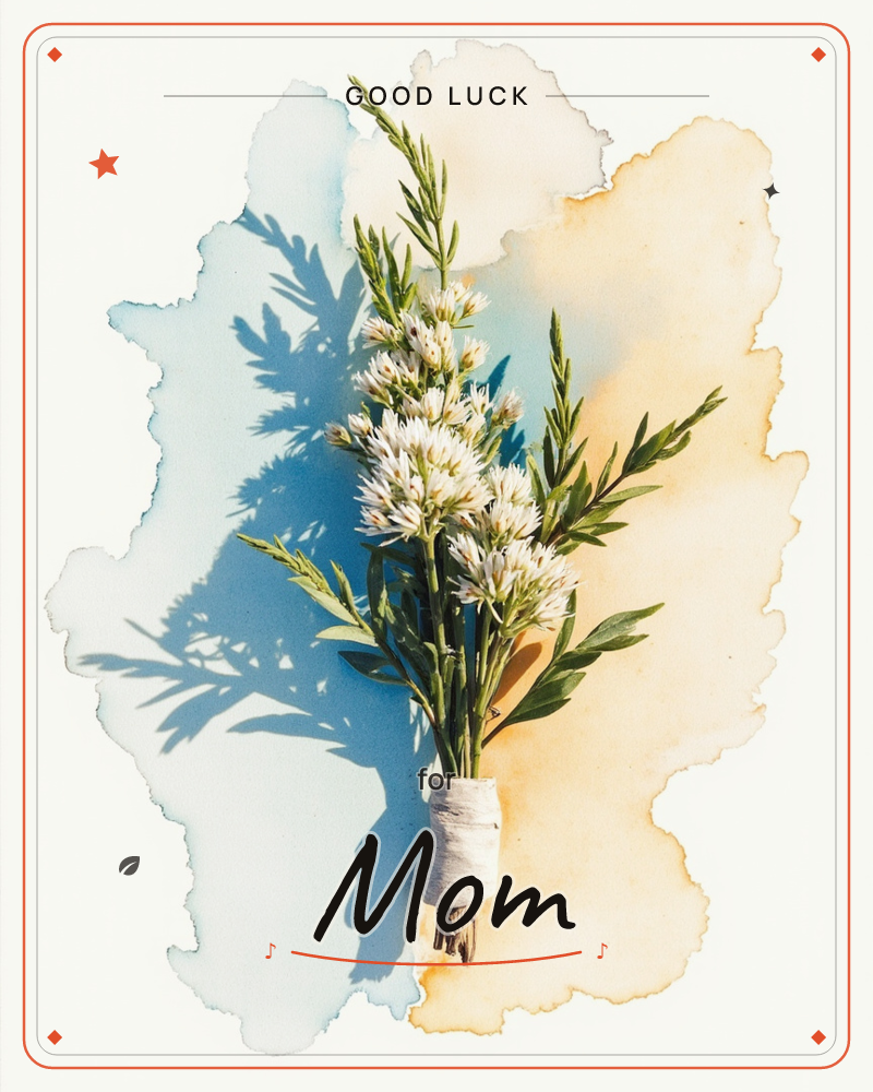 A small bundle of white clustered wildflowers and slender green leaves is tied with pale twine, its stems bound and bare, a good luck e-card design