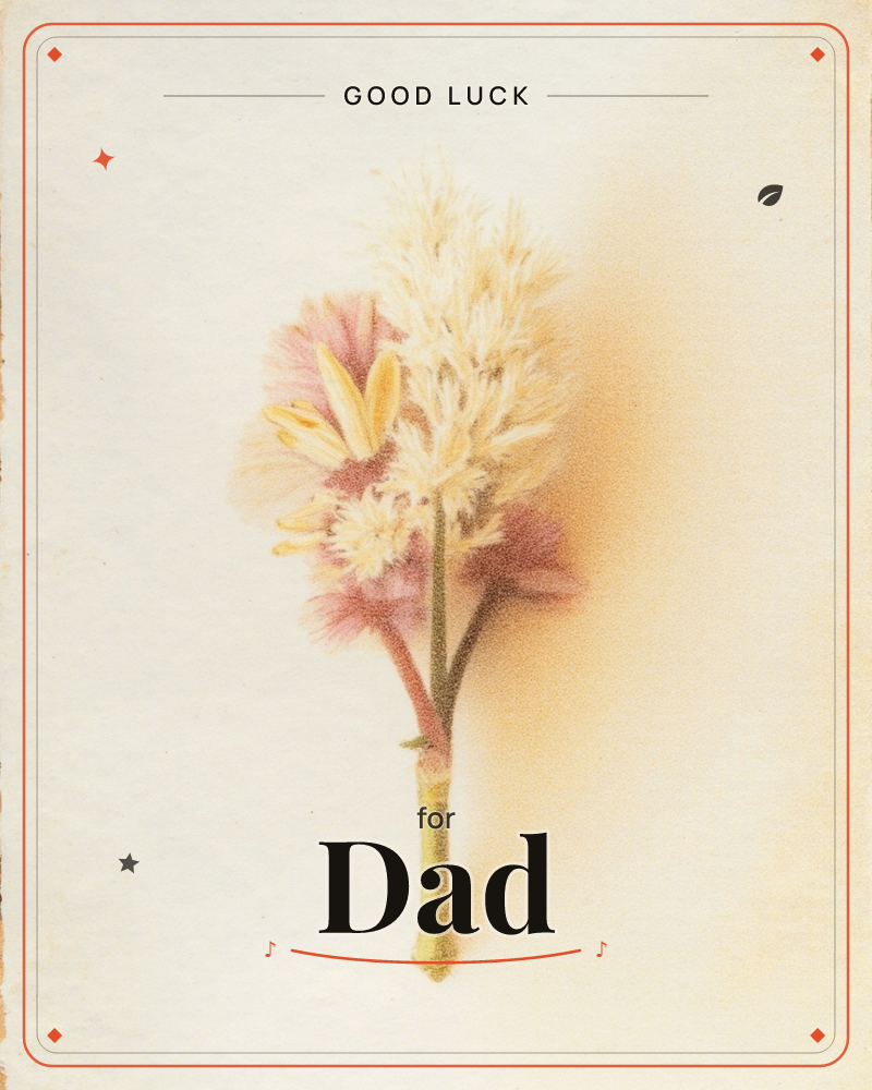 A single cut sprig lies flat against a plain aged paper background, its fluffy cream plume and pale pink petals casting a soft warm shadow to one side, a good luck e-card design