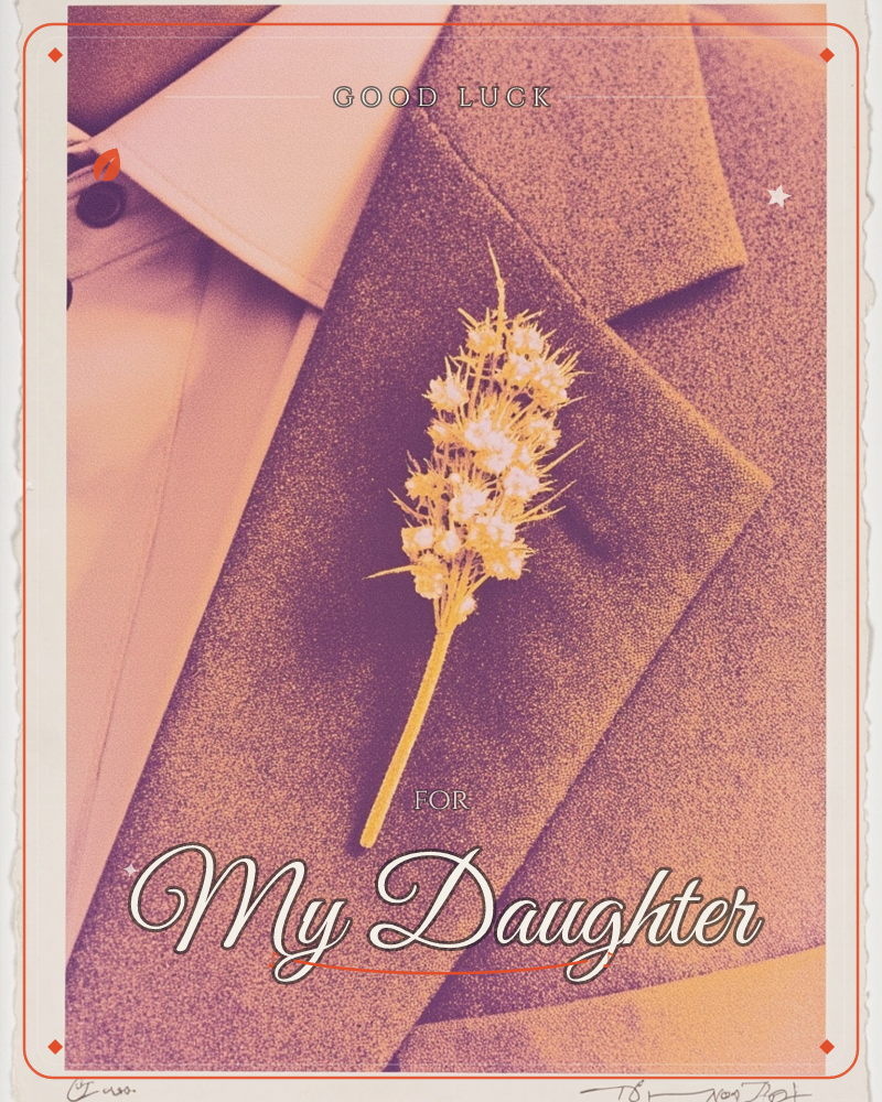 A close-up photograph shows a textured suit lapel with a delicate sprig of tiny white flowers pinned as a boutonniere, resting against a crisp collared…, a good luck e-card design