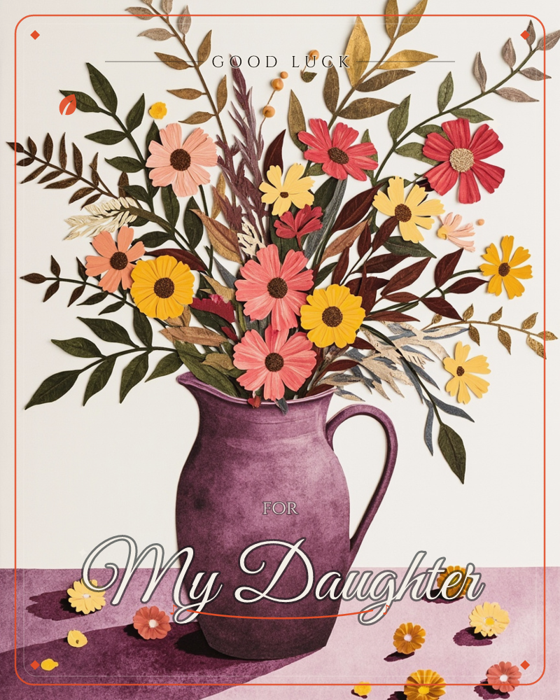 A plum-purple ceramic pitcher holds an overflowing bouquet of paper-cut daisies in coral, gold and crimson, mixed with dark olive leaves and dried…, a good luck e-card design